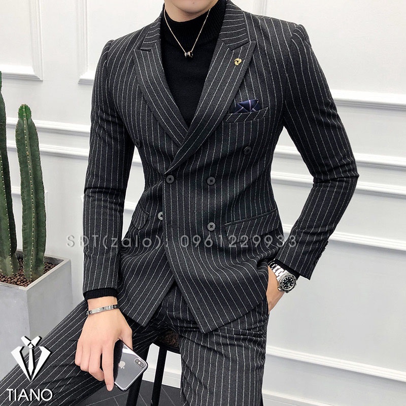 Bộ Vest nam cao cấp 6 cúc Hàn Quốc Đen kẻ cực sang trọng, Vest nam, Suit Nam Cao Cấp - TIANO - Ảnh Thật