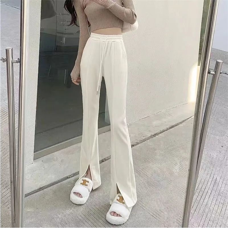 Jiashucheng Quần Ống Rộng Cạp Cao Xẻ Tà Họa Tiết Kẻ Sọc Thời Trang Xuân Hè Kiểu Mới Cho Nữ