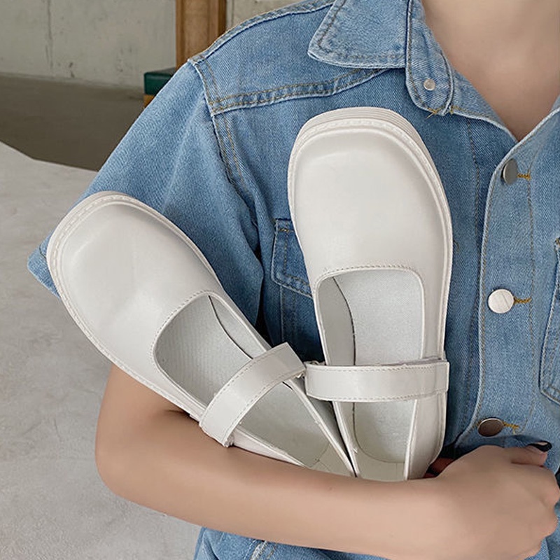 Giày Mary Jane Cao Gót 3Cm Mũi Vuông QUAI DÁN Giày Lolita Đế Cao 2 Màu Đen Trắng Da Cao Cấp MJ02-Molita