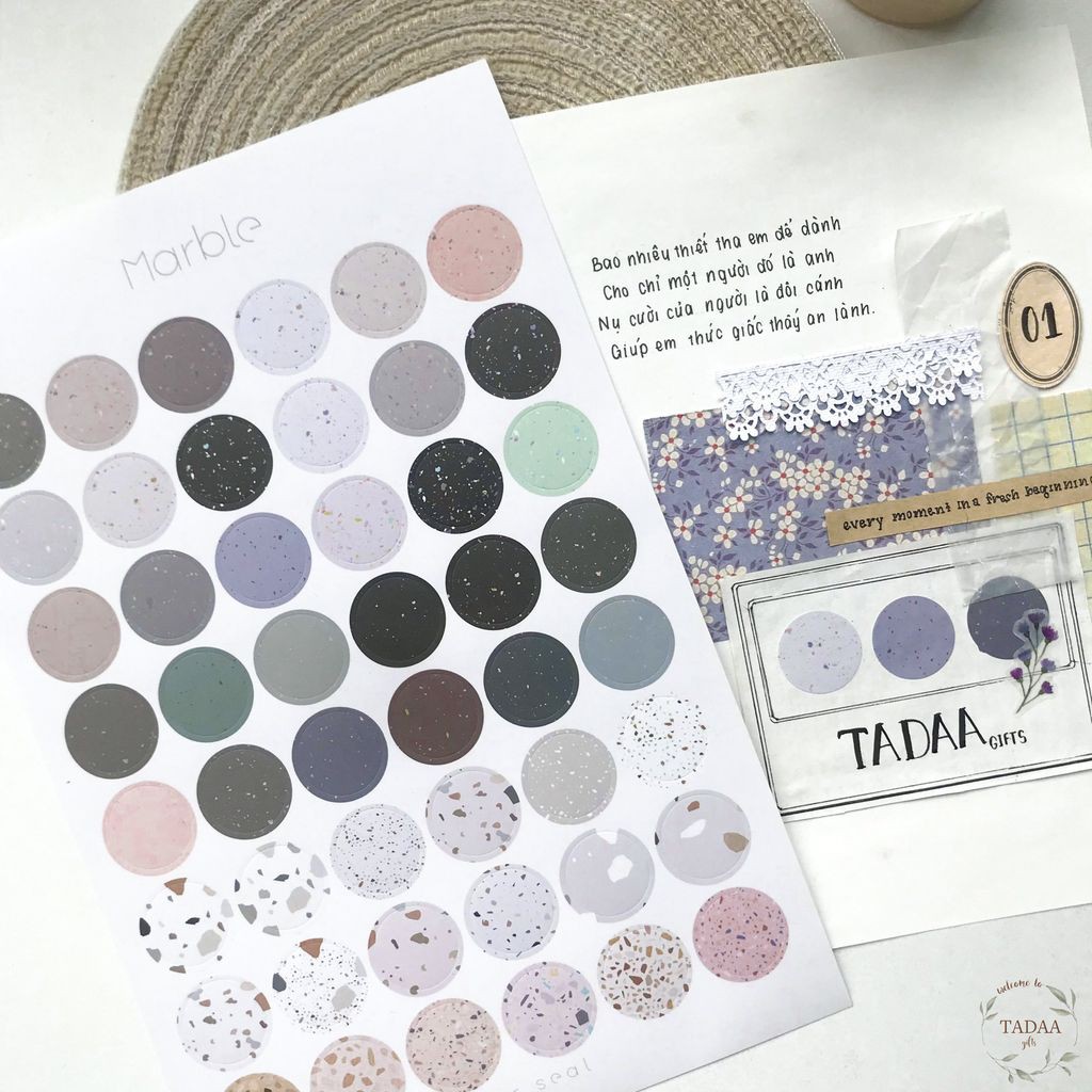 Set 5 sticker hình tròn miếng dán chấm round sticker nhãn dán tròn hoa bầu trời galaxy emoji trang trí sổ tay, thiệp DIY