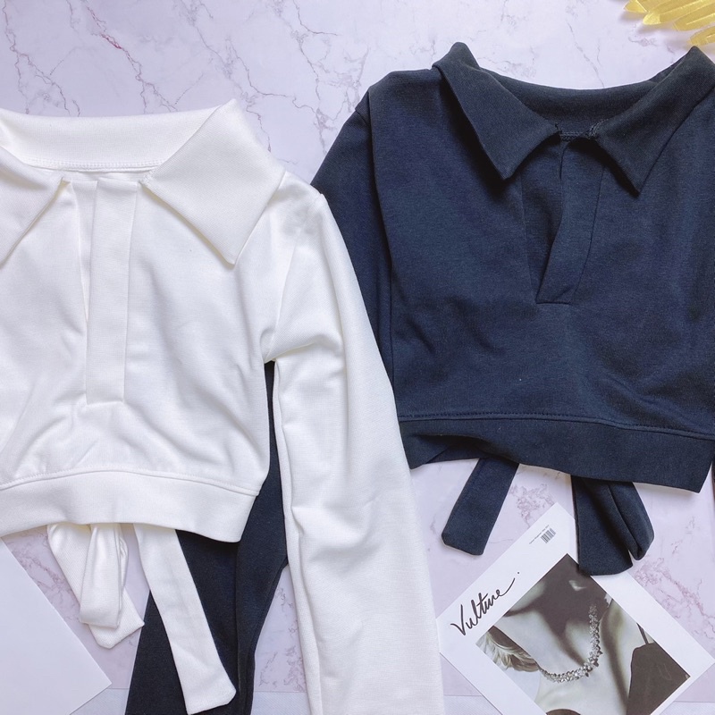 Áo Croptop Tay Dài Cổ V Nơ Lưng Trần A5054