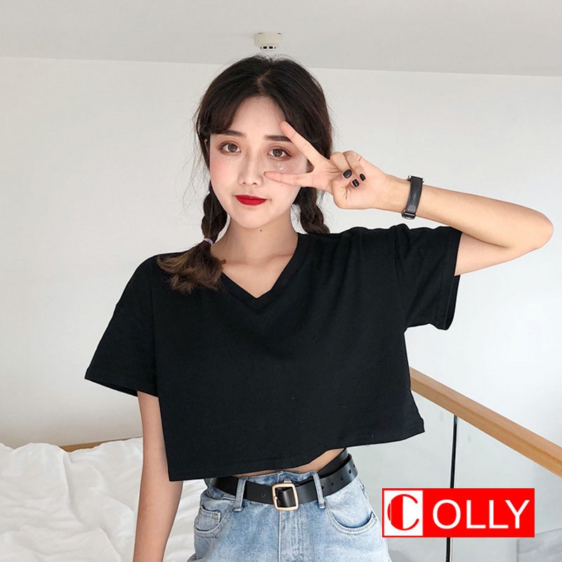 Áo thun Croptop form rộng tay lỡ cổ tim cá tính - COLLY