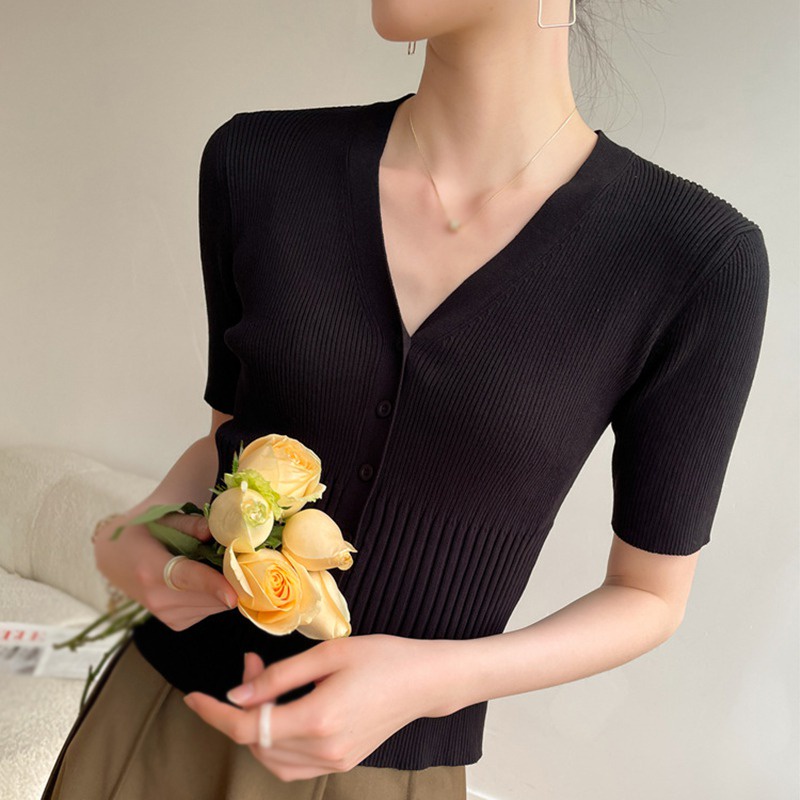 Áo Cardigan Dệt Kim Tay Ngắn Cổ Chữ V Màu Sắc Trơn Thời Trang Mùa Hè Dành Cho Nữ