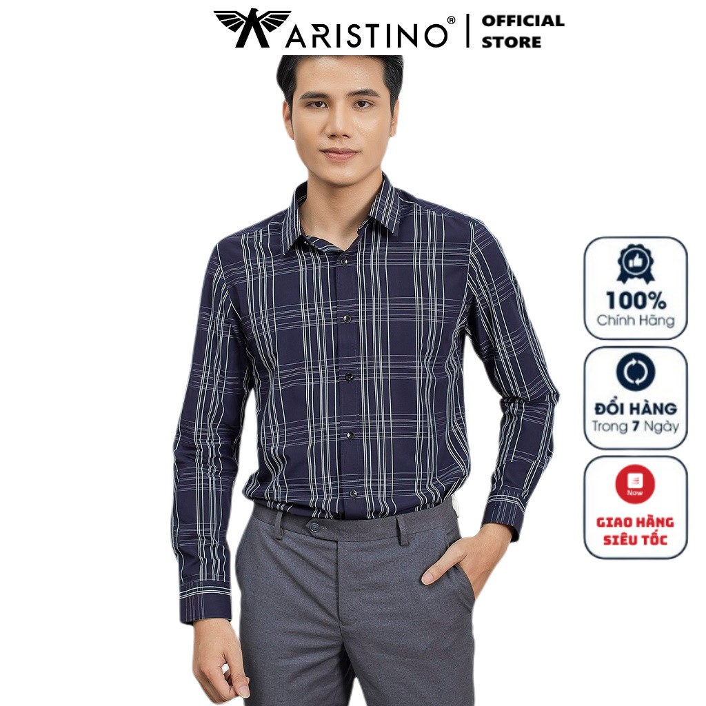 Áo Sơ Mi Nam Tay Dài Aristino ALS20509 Màu Tím Than Caro Trắng Kiểu Dáng Slim Fit Chất Liệu Sợi Sồi