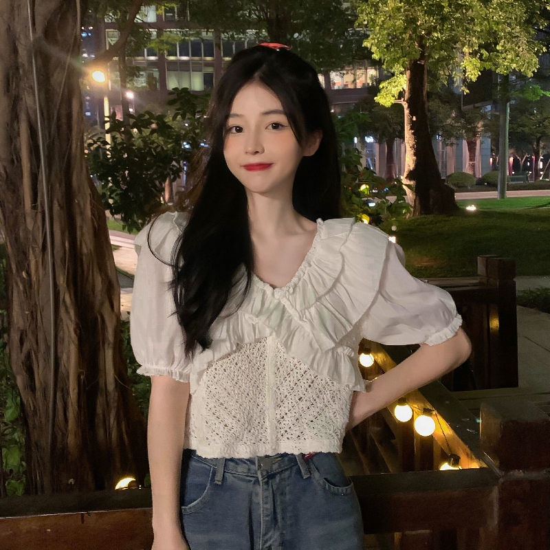 Áo Sơ Mi Chiffon Tay Ngắn Cổ Bẻ Phối Bèo Phong Cách Hàn Quốc Thời Trang Cho Nữ