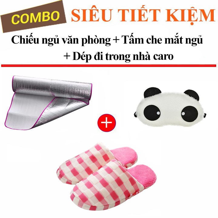 Combo Chiếu ngủ văn phòng + Tấm che mắt gấu + Dép mang trong nhà Caro