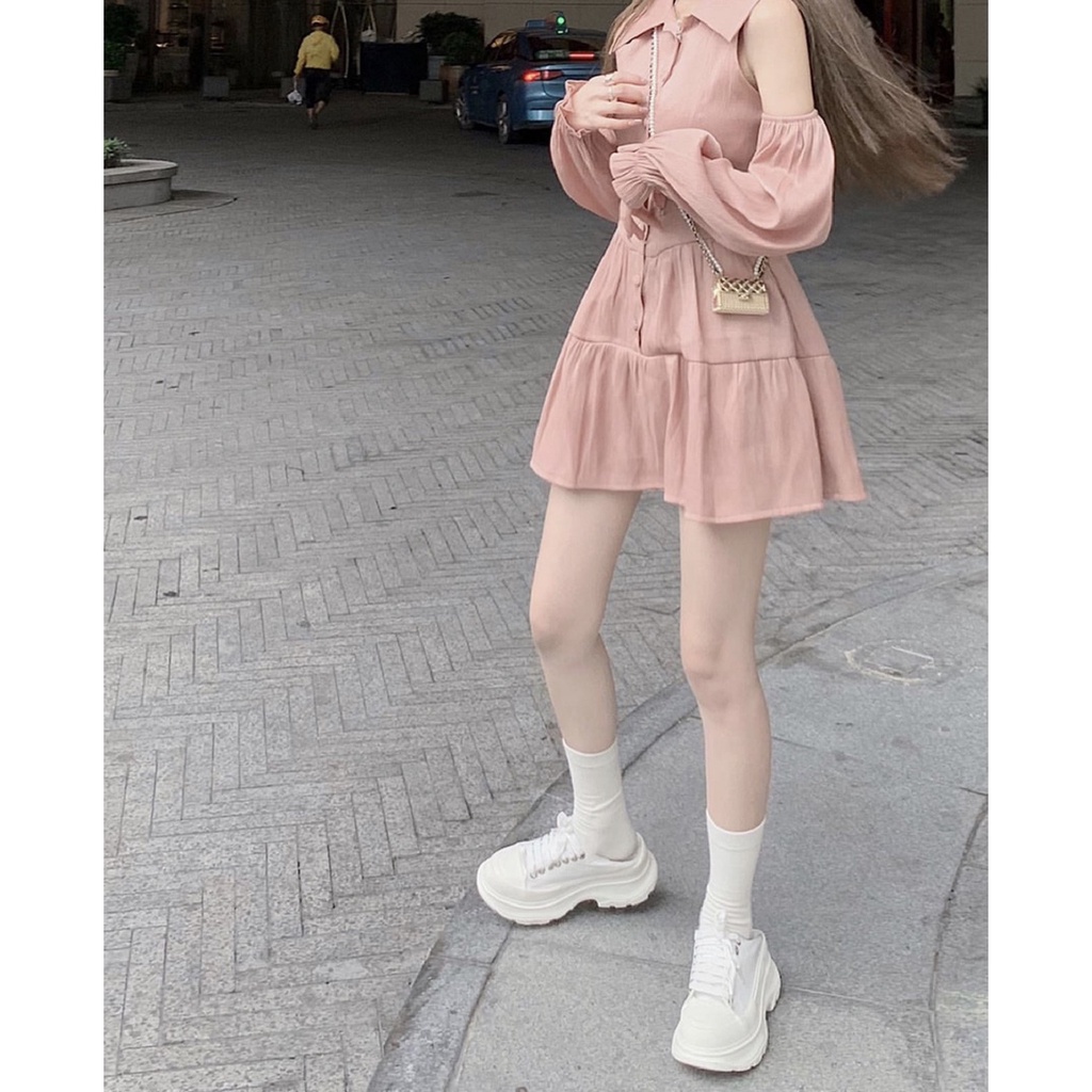 Váy lụa mềm hở vai cúc dọc V621 SUSTORE