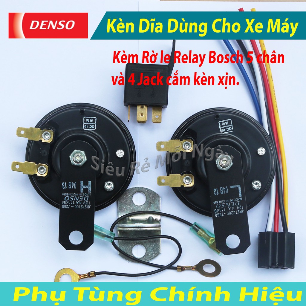 Cặp Kèn Dĩa Denso 12V Dùng Cho Xe Máy Kèm Rờ le Relay Bosch, 5 chân và 4 Jack cắm kèn