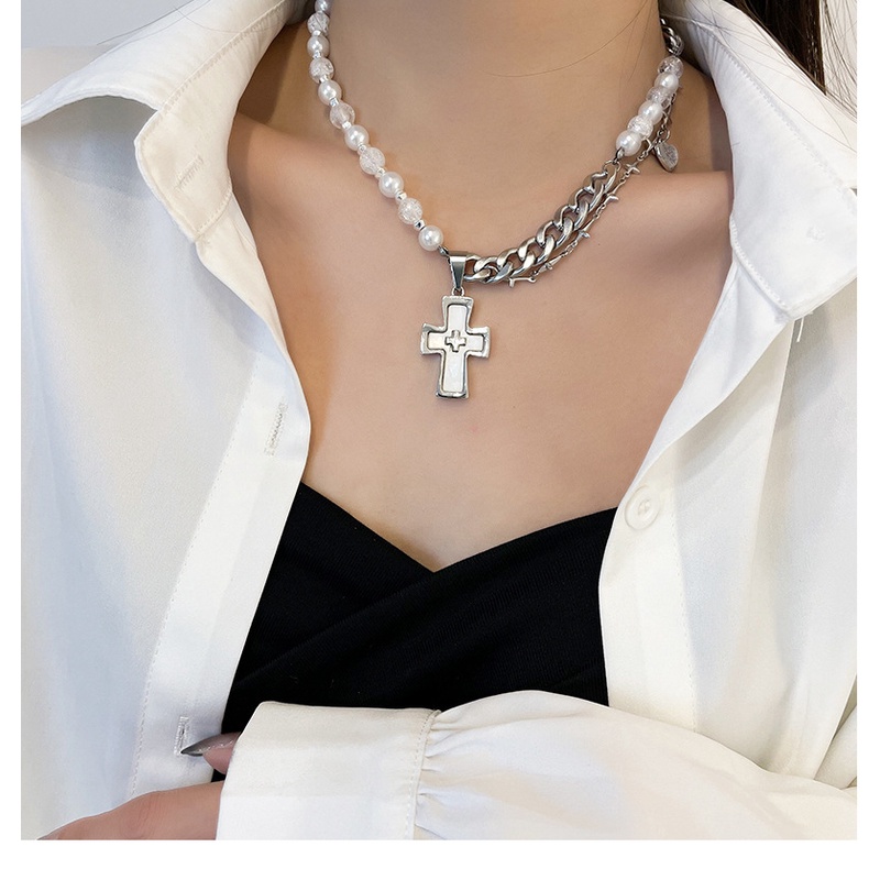 Vòng cổ Sợi Xích Mặt Hình Thánh Giá Đính Ngọc Trai Phong Cách Âu Mỹ