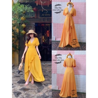(free chỉnh sửa váy) đầm maxi cổ tim tà đắp chéo, maxi trắng vàng đỏ sexy xẻ tà chụp ảnh cưới đi tiệc