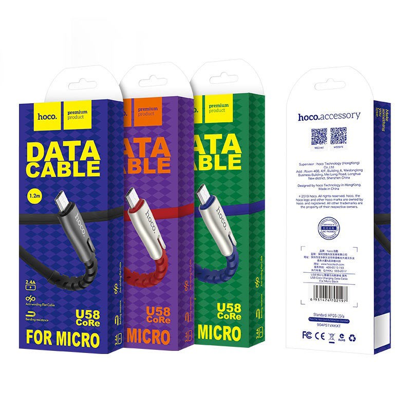 Cáp sạc nhanh 2.4A Hoco U58 Micro dây dẹt chống gãy hỗ trợ truyền tải dữ liệu ổn định dài 1.2M cho Android