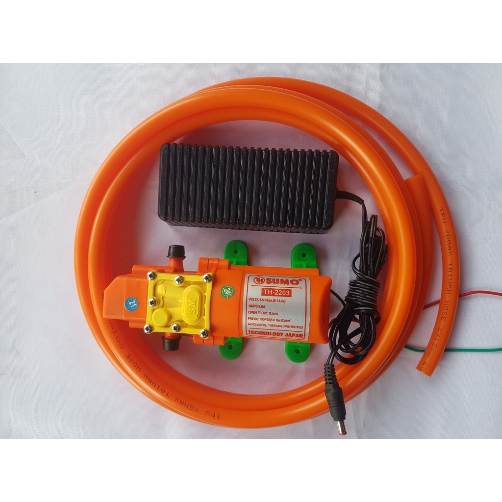 Bộ xịt rửa xe, máy lạnh. Bơm sumo cam kèm nguồn 12v 5a. 5m dây xịt rửa 12li 1m dây hút tay cầm, sung xịt. lọc rác dầy đủ
