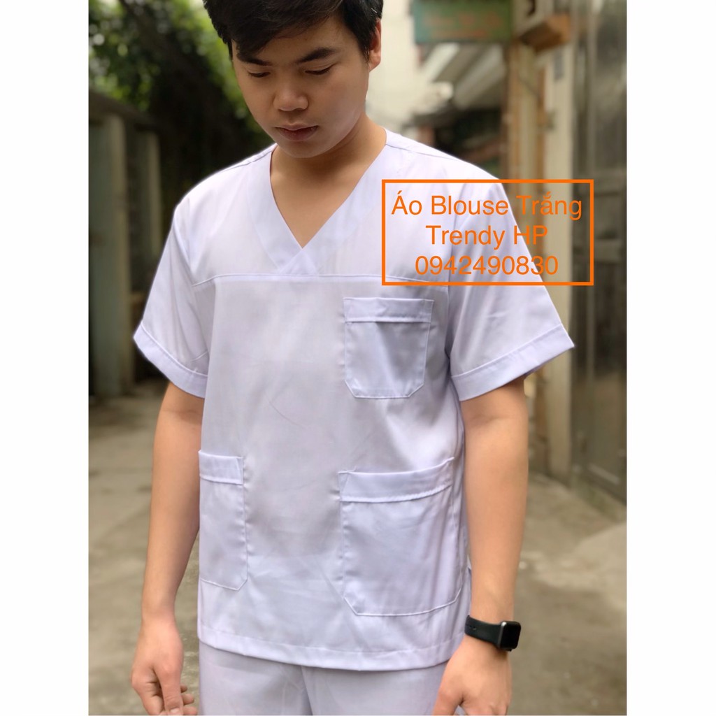 Bộ quần áo blouse y tá, dược sĩ nam cổ tim - bộ scrubs trắng bác sĩ