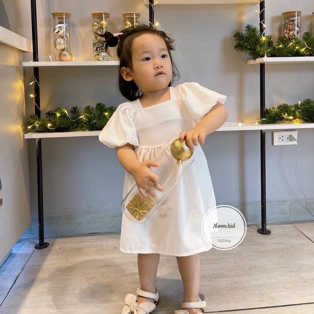 Váy tay bồng bé gái thắt nơ sau lưng, đầm công chúa siêu xinh vải đũi xốp mềm mịn
