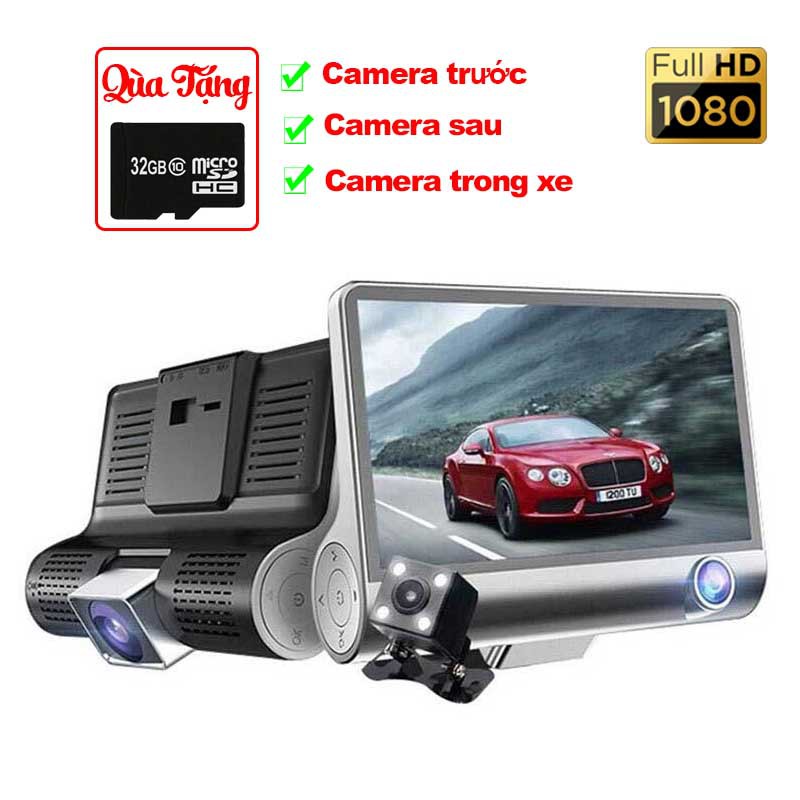 Camera Hành Trình Ô Tô 3 Mắt DVR 4 inch fullHD 1080p Thế Hệ Mới - Camera Hành Trình Ô Tô Sau Chống Nước