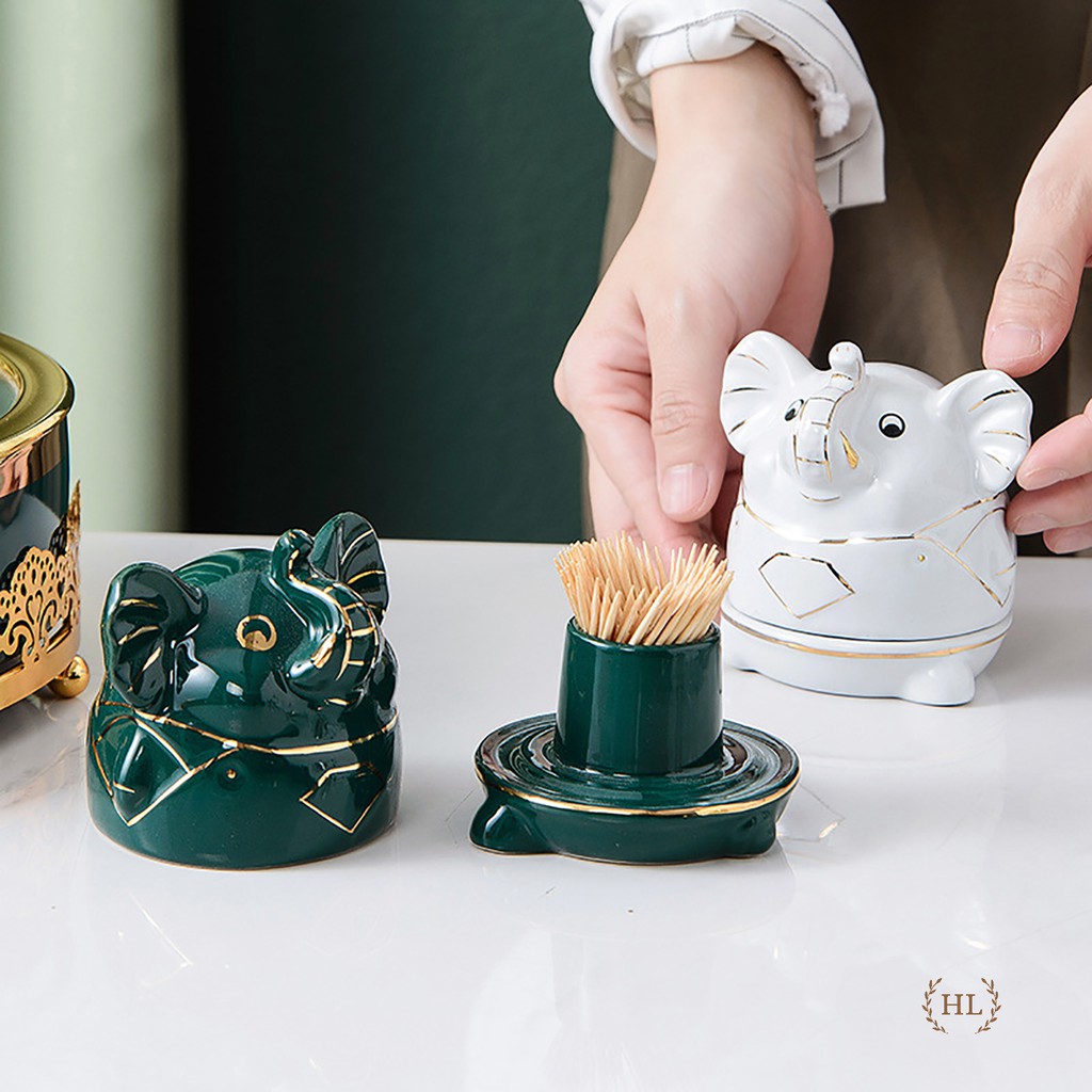 TĂM SỨ | GẠT TÀN SỨ | SET TĂM GẠT TÀN SỨ TẠO HÌNH CON VOI KẺ VÀNG KIM CAO CẤP | Hũ đựng tăm chất liệu sứ
