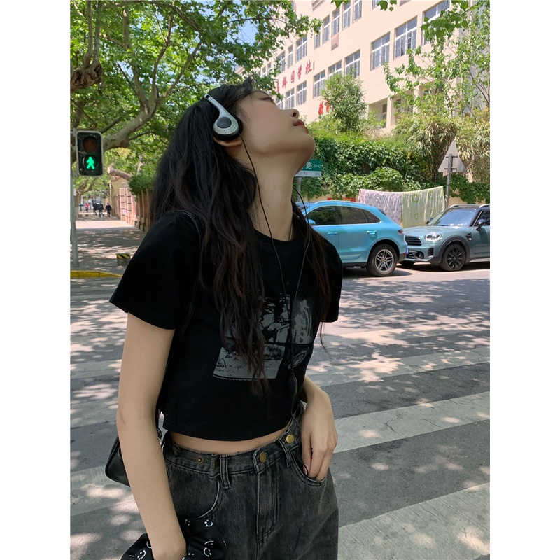 Áo thun XIAOZHAINV tay ngắn dáng ôm phong cách retro Hàn Quốc cho nữ