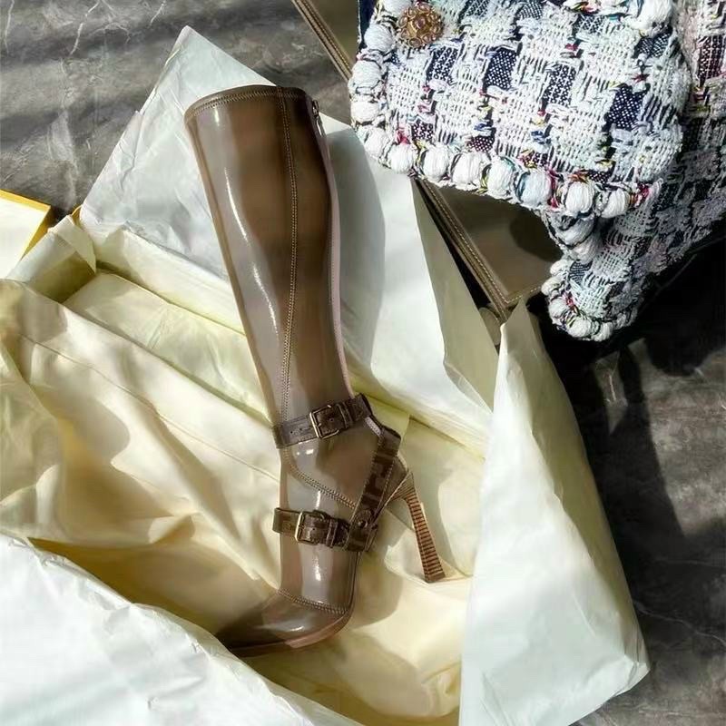 boot nữ bốt cổ cao gót nhọn mũi fendi da bóng thời trang boots gối lửng (fullbox loại 1)