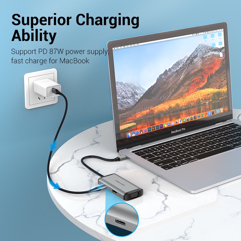 Hub Type-C to HDMI 6 in 1 cho Macbook có sạc nhanh - Chuyển đổi HUB USB Type C to HDMI, VGA, USB 3.0, PD Type-C Vention