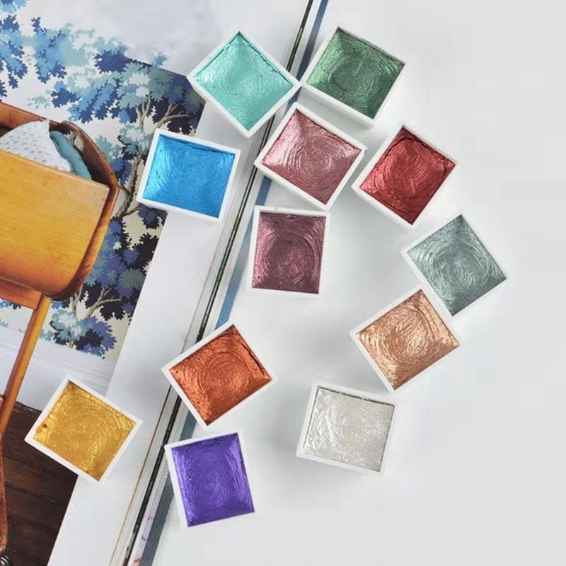 Set 12 sơn màu nước rắn ánh kim lấp lánh màu sắc khác nhau dành cho họa sĩ vẽ tranh