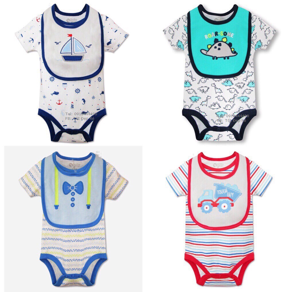 Set body kèm yếm cho bé trai bé gái 0-6 tháng chất cotton đẹp co giãn