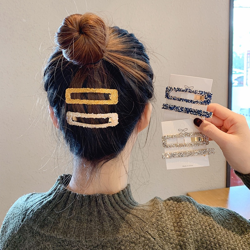 Bộ 2 Kẹp Tóc Đính Đá Pha Lê / Kim Cương Giả Hình Vuông Đơn Giản Phong Cách Hàn Quốc Cổ Điển Cho Nữ