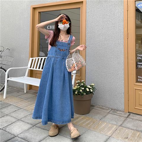 Đầm Yếm Denim Dài Dáng Rộng Thêu Họa Tiết Kiểu Retro Mỹ Xinh Xắn Cho Nữ