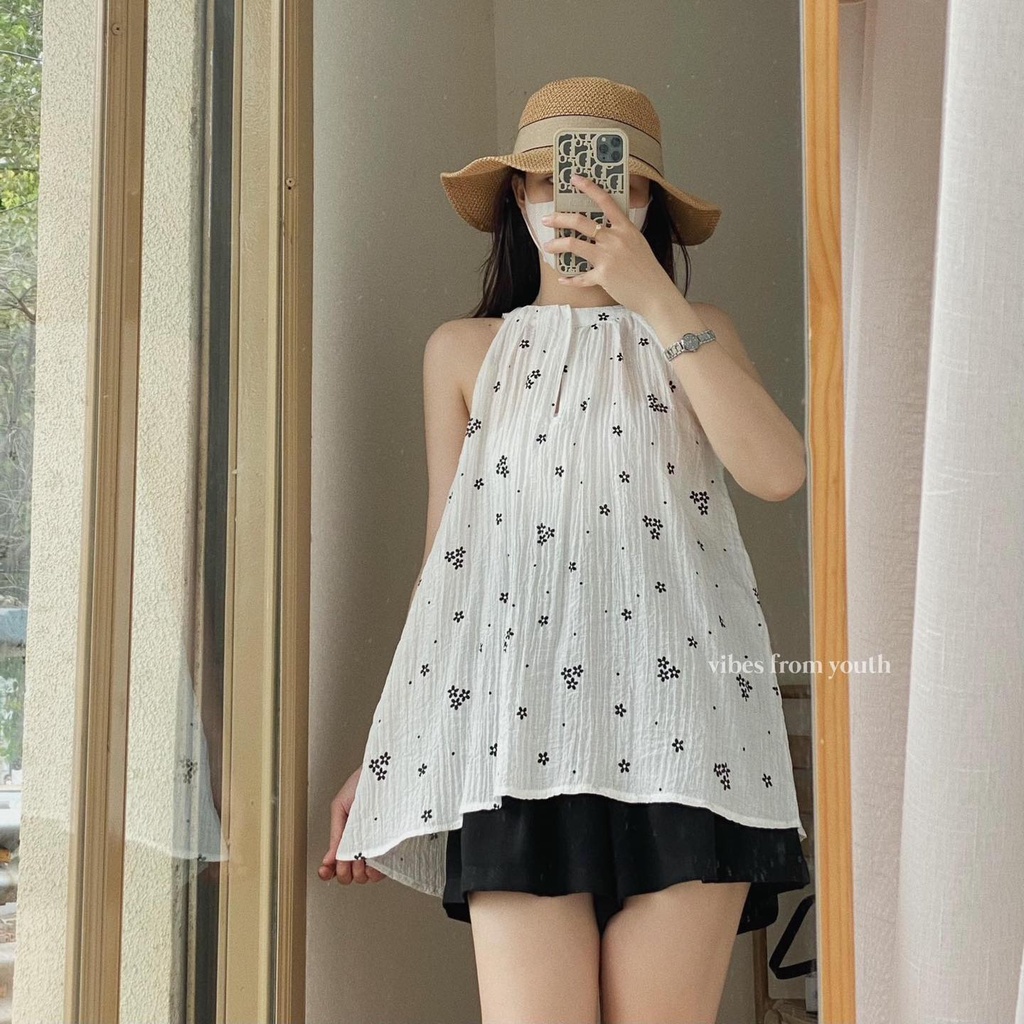 Áo Kiểu Nữ Áo Kiểu Tơ Họa Tiết Hoa Cổ Yếm XONXEN SHOP HUẾ freesize mã 110