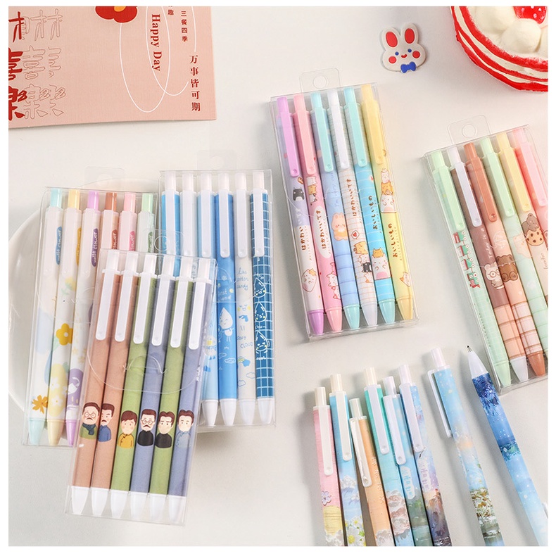 Set 6 bút bi bút bi bấm mực gel ngòi 0.5mm vỏ kiểu hình hoạt hình dễ thương