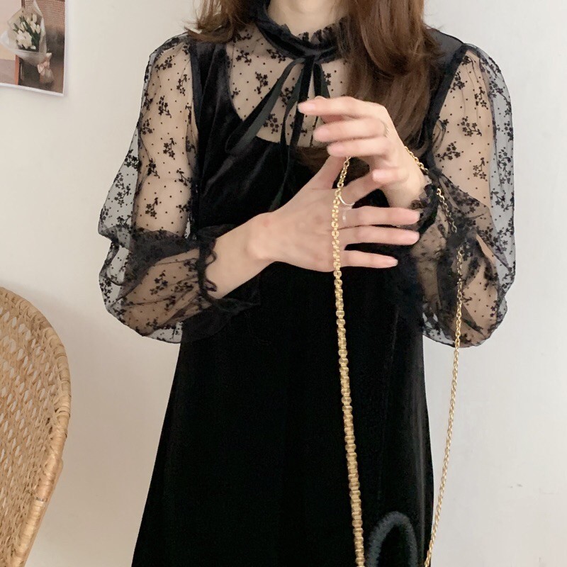 Váy xuông nhung cổ xếp nơ/Holiday item