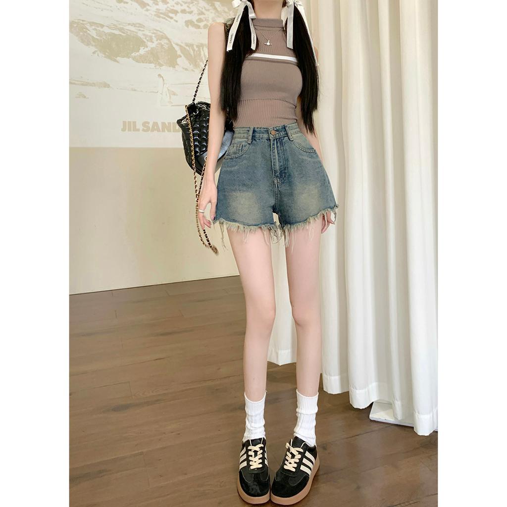 Quần Short denim Lưng Cao Phối Tua Rua Phong Cách retro