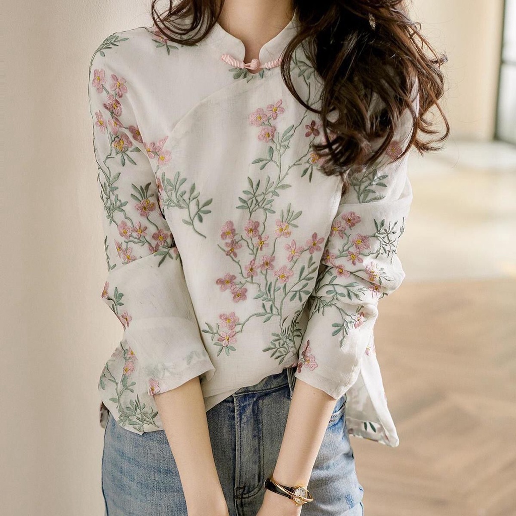 Áo sườn xám cách tân in họa tiết phong cách Trung Hoa vintage thời trang mùa thu cho nữ có size ngoại cỡ