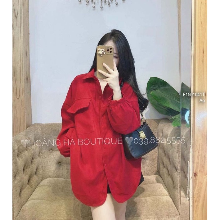 Áo sơ mi nhung túi nắp đỏ form rộng hàng chuẩn 0501