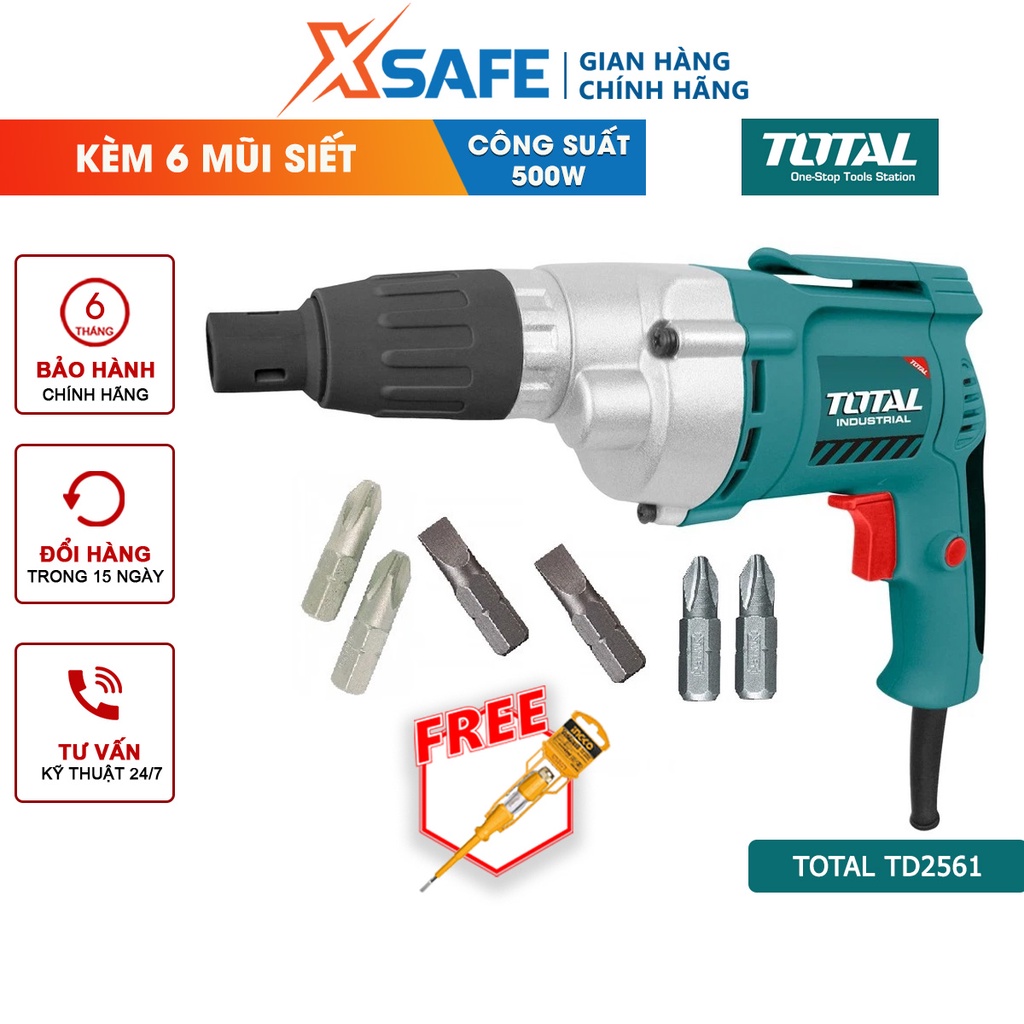 Máy bắn vít/tôn TOTAL TD2561 dùng điện, công suất 500W, tốc độ không tải 0-2500v/p, đầu lục giác 6mm, kèm 6 mũi siết