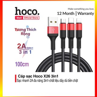 Cáp sạc Hoco X26 3 đầu đa năng Lightnin - Micro - Type C dài 1m dây dù siêu bền - MrPhukien