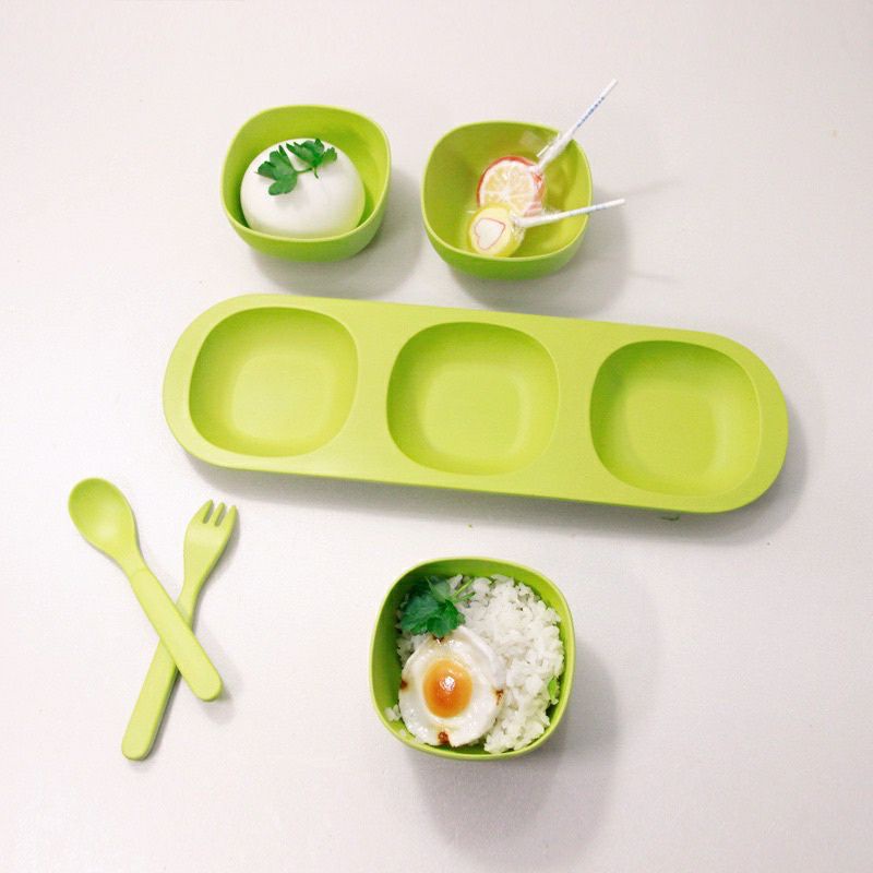 Set khay bát thìa dĩa sợi tre 6 món cho bé ăn dặm, siêu xinh và tiện lợi