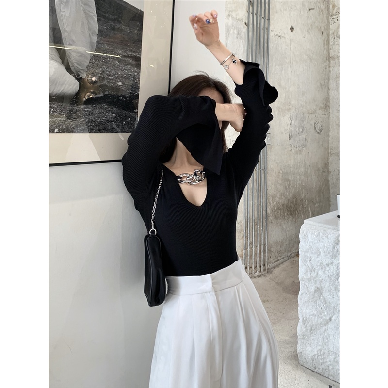 HUANG YOYO Áo Dệt Kim Đen Tay Dài Cổ Chữ V Xẻ Tà Dáng Ôm Phong Cách Hàn Quốc Thời Trang Cho Nữ