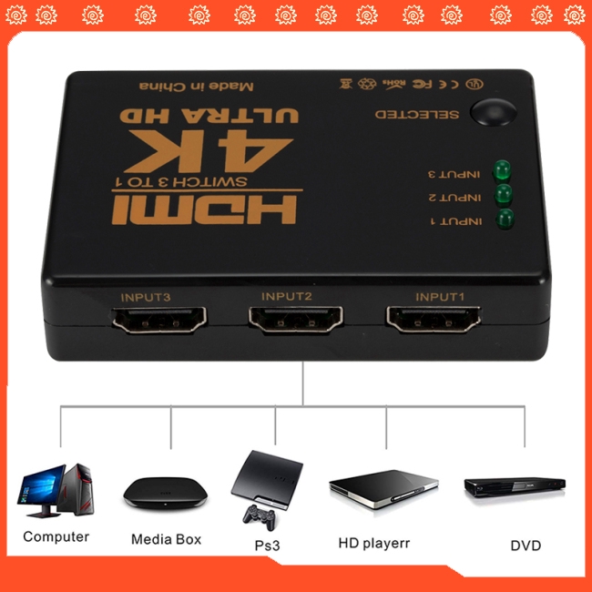 3 Port HDMI Splitter Switcher 3 In 1 Out Hub Box +Remote Auto Switch 1080P HD