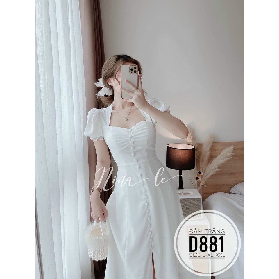 Đầm Xòe Tay Bèo Nút Bọc Xẻ Tà