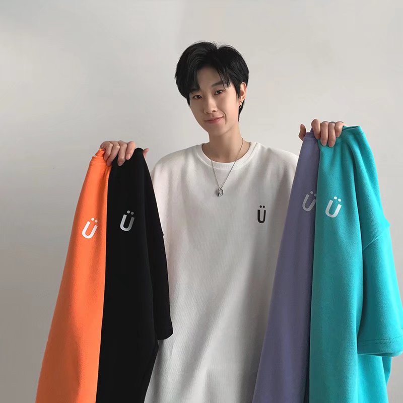 ✦ AFFLIGA ✦Áo Thun Tay Ngắn Cổ Tròn Màu Trơn In Họa Tiết Đơn Giản Phong Cách Hàn Quốc Thời Trang Mùa Hè Cho Nam