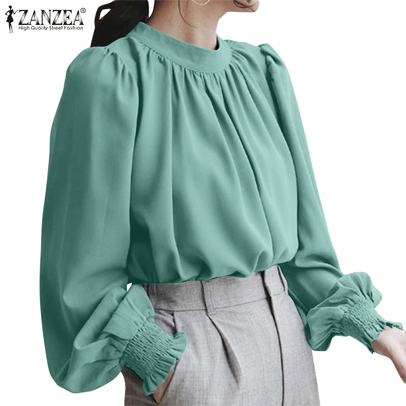Áo ZANZEA cổ chữ O tay phồng màu trơn thiết kế xếp li trẻ trung cho nữ