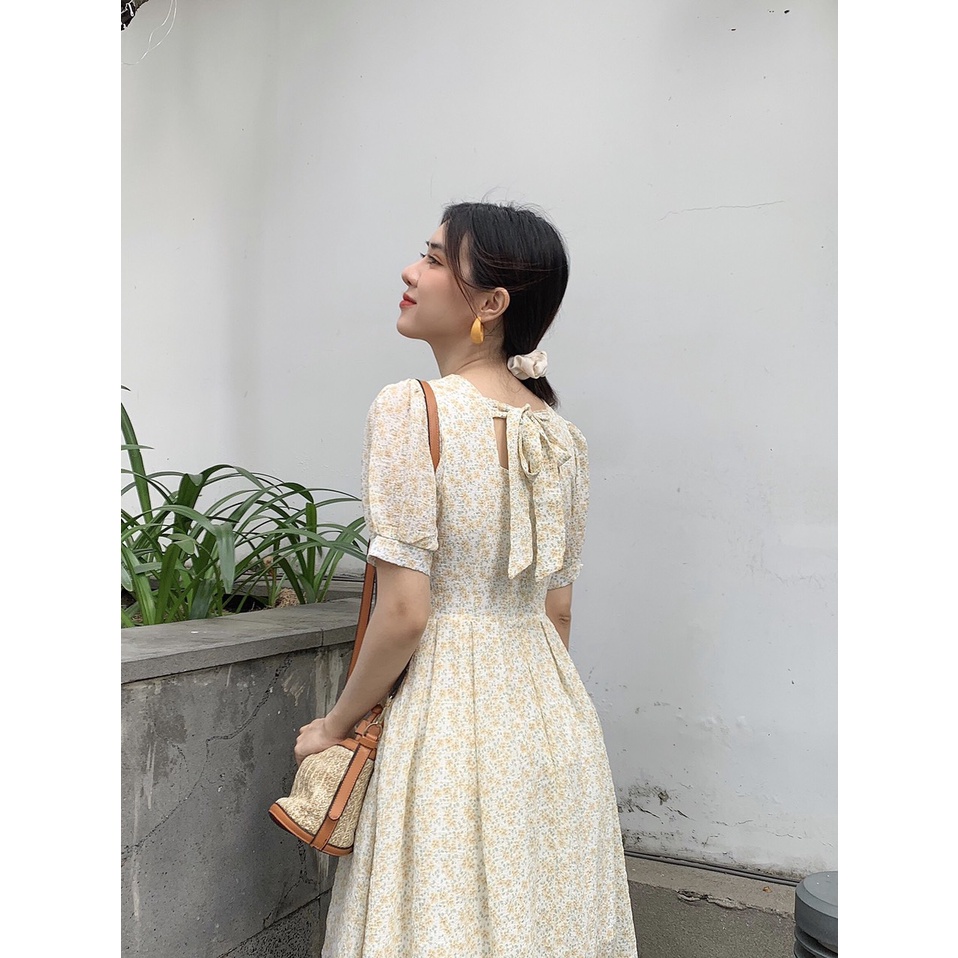 Đầm hoa babydoll cổ chữ V thắt nơ lưng chất vải hoa xốp - Lili dress (BT103)