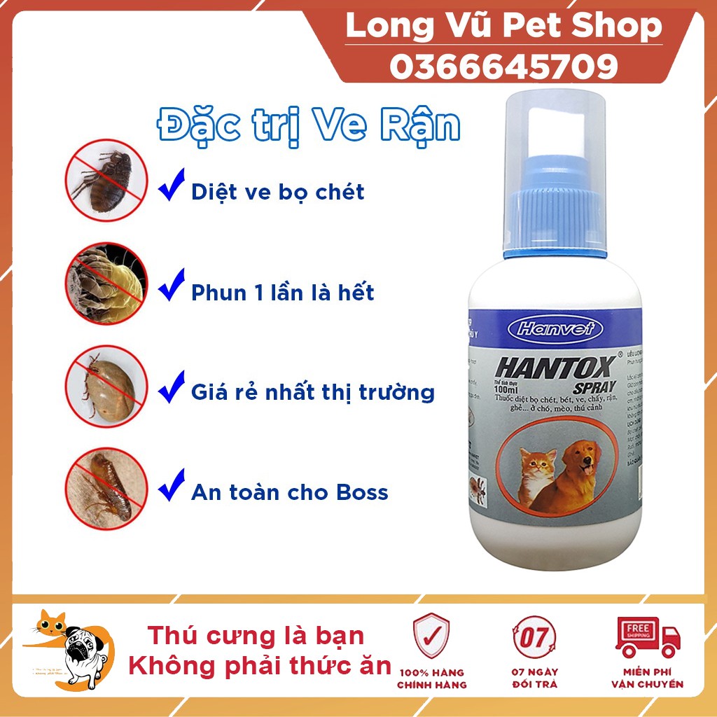 Thuốc Xịt Trị Ve Ghẻ, Bọ Chét Cho Chó Mèo - Hantox 100ml