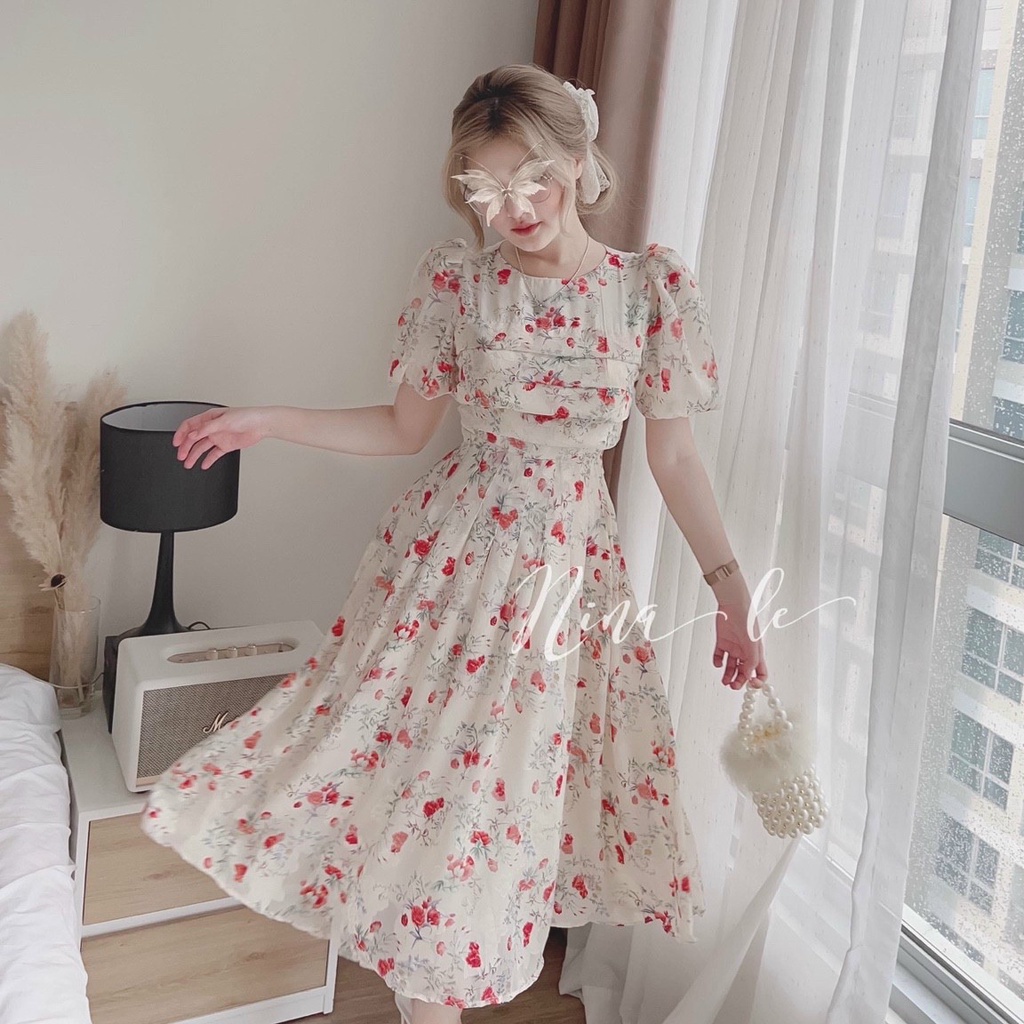 Đầm váy nữ voan hoa xếp ly tay phồng xinh xắn dành cho các tiểu thư đi chơi, dự tiệc