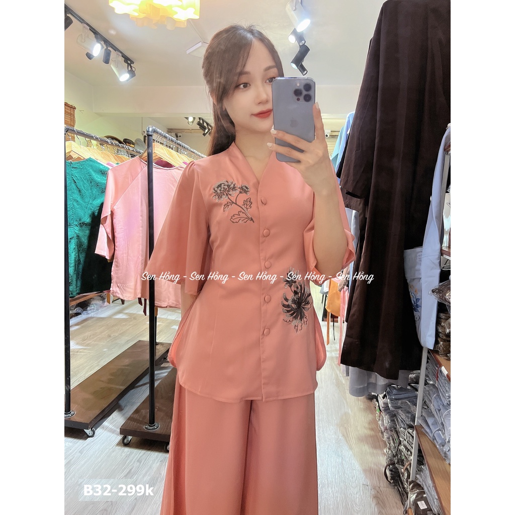 QUẦN ÁO PHẬT TỬ ĐI CHÙA CAP CẤP - pháp phục nữ vải cotton lạnh # mẫu đồ lam đi lễ thêu hoa cúc thanh lịch B31