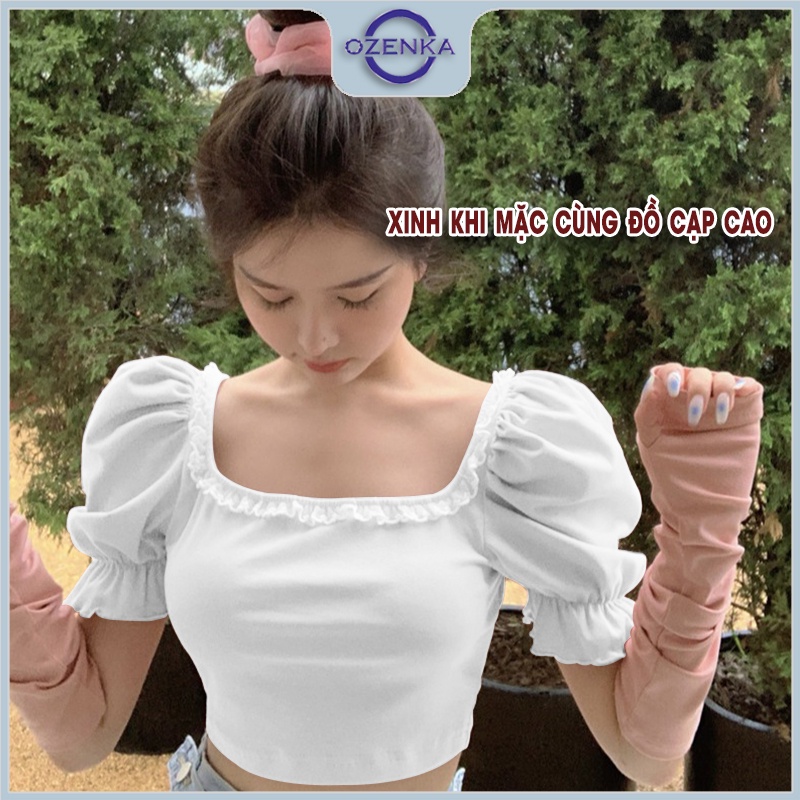 Áo croptop nữ tay bổng cổ vuông ôm phối bèo tay ngắn OZENKA , crt kiểu Hàn Quốc mặc hè 2022  màu đen trắng dưới 50 kg