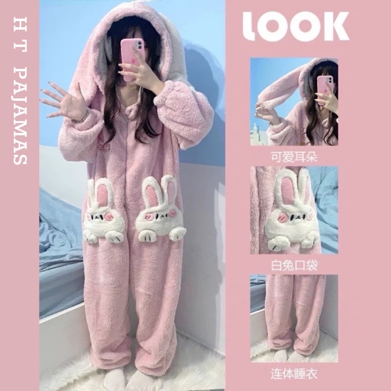 Bộ ngủ thỏ hồng baby liền người túi thỏ to mũ tai dài chất lông ấm áp mềm mại