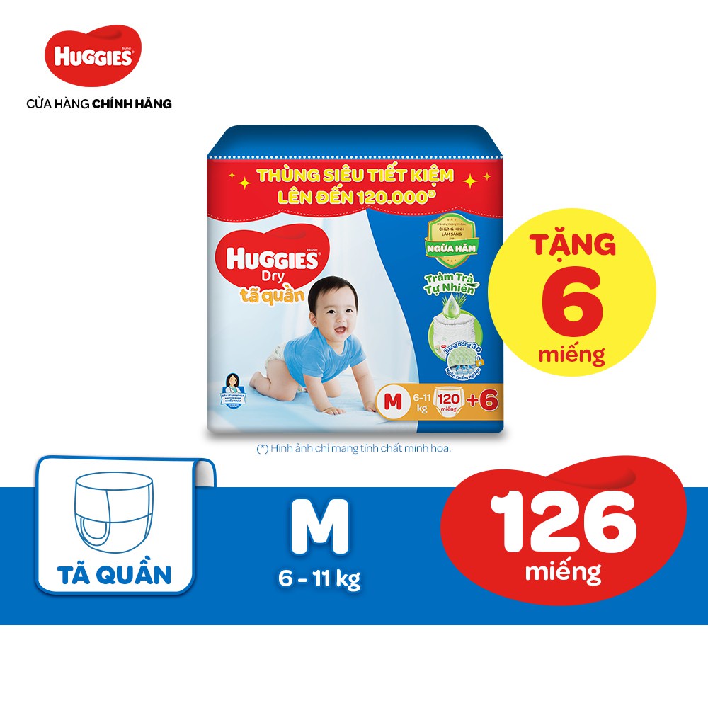 Tã quần Tràm Trà Tự Nhiên HUGGIES DRY PANTS MEGA JUMBO M120/L108 + Tặng 6 miếng/ XL96/ XXL84