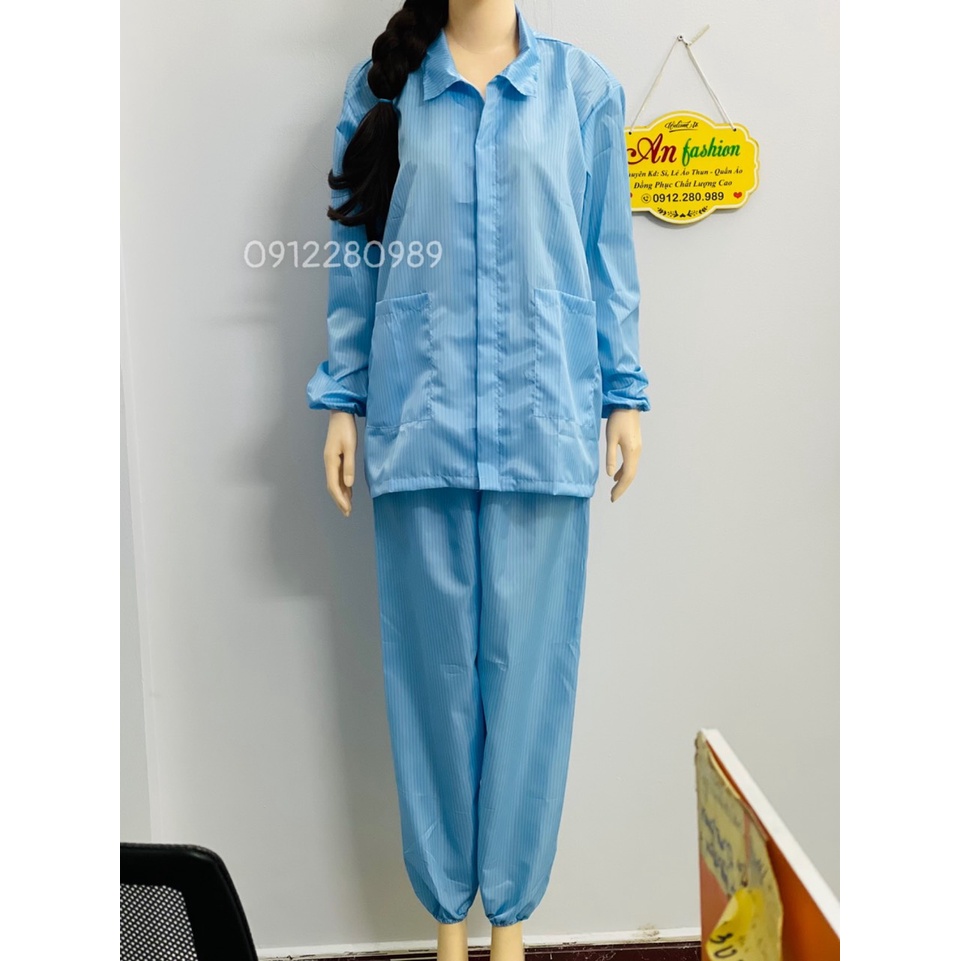 [Áo+Quần+Nón] Đồng phục phòng sạch màu xanh vải chống tĩnh điện tay dài cổ bẻ dây kéo _ Hình chụp thật