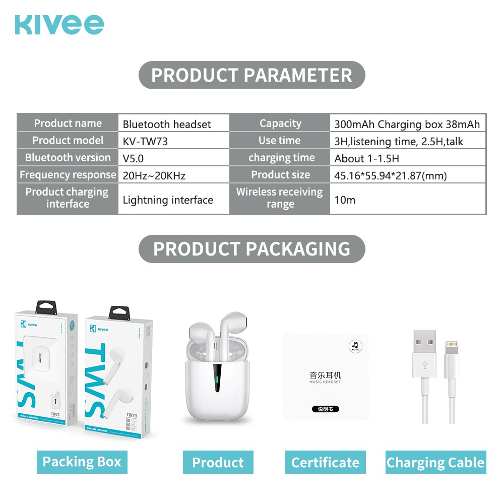 Kivee TW73 Tai nghe TWS Bluetooth 5.0 chống nước IPX5 tương thích với điện thoại di động máy tính